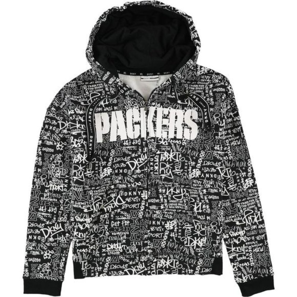 DKNY Green Bay Packers Black & White All Over Print Full Zip Hoodie S